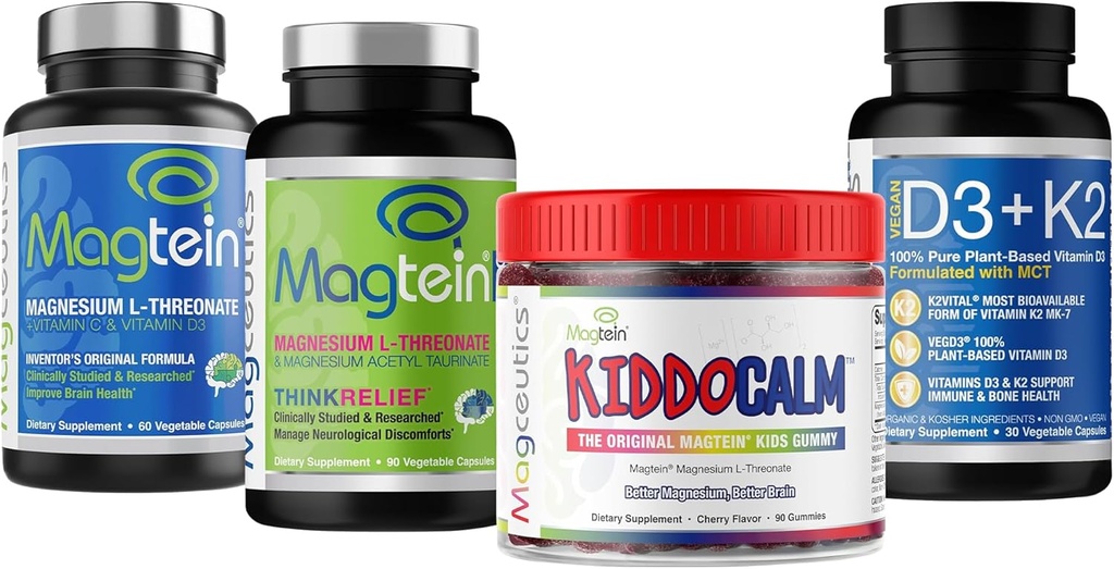 Magtein Magnesium L-Threonate 60 Capsules, Magnetische MagteinPRO 90 Capsules, KIDDOCALM Gummies 90 Capsules, Vitamine D3 K2 30 Capsules - Bundel
