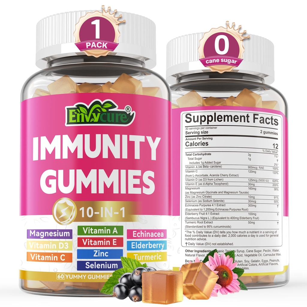 10 in 1 Immuun Ondersteuning Supplement Gummies, w/Echinacea, Vlierbes Vitamine C en Zink, Selenium, Vitamine D3 5000IU, Magnesium, Dagelijks Immuun Booster Multivitamine, voor Antioxidant Bone Energy, 1 Pack