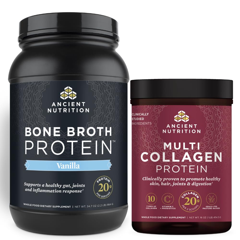Oude voeding Bone Broth Proteïne Poeder, Vanille, 40 porties + Multi Collageen Proteïne Poeder, Unflavored, 45 porties