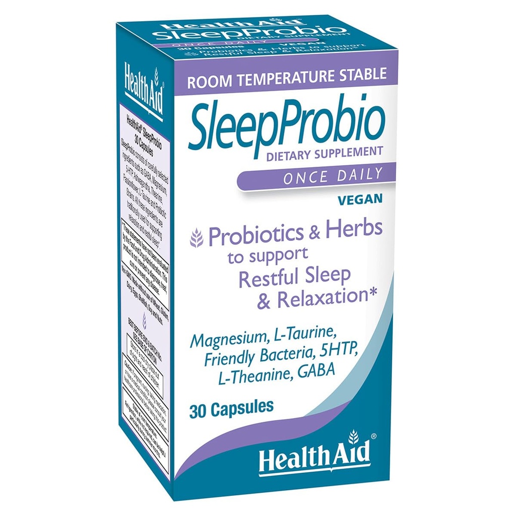 HealthAid SleepProbio Sleep Support Supplement – with Magnesium, 5-HTP, GABA, Ashwagandha & Probiotics – Helps Support Restful Sleep & Relaxation – Once Daily, Vegan – 30 Capsules*