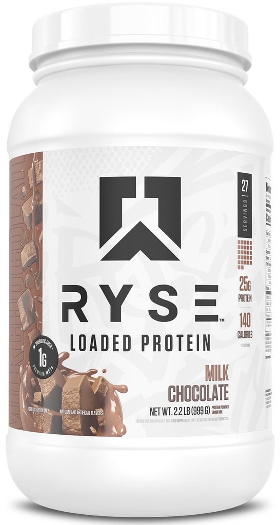 RYSE Loaded Protein Powder - Milk Chocolate - 25g Whey Protein Isolate & Concentrate with Prebiotic Fiber & MCTs - Low Carb, Low Sugar, Digestive-Friendly - 27 Servings / 2 lb Tub