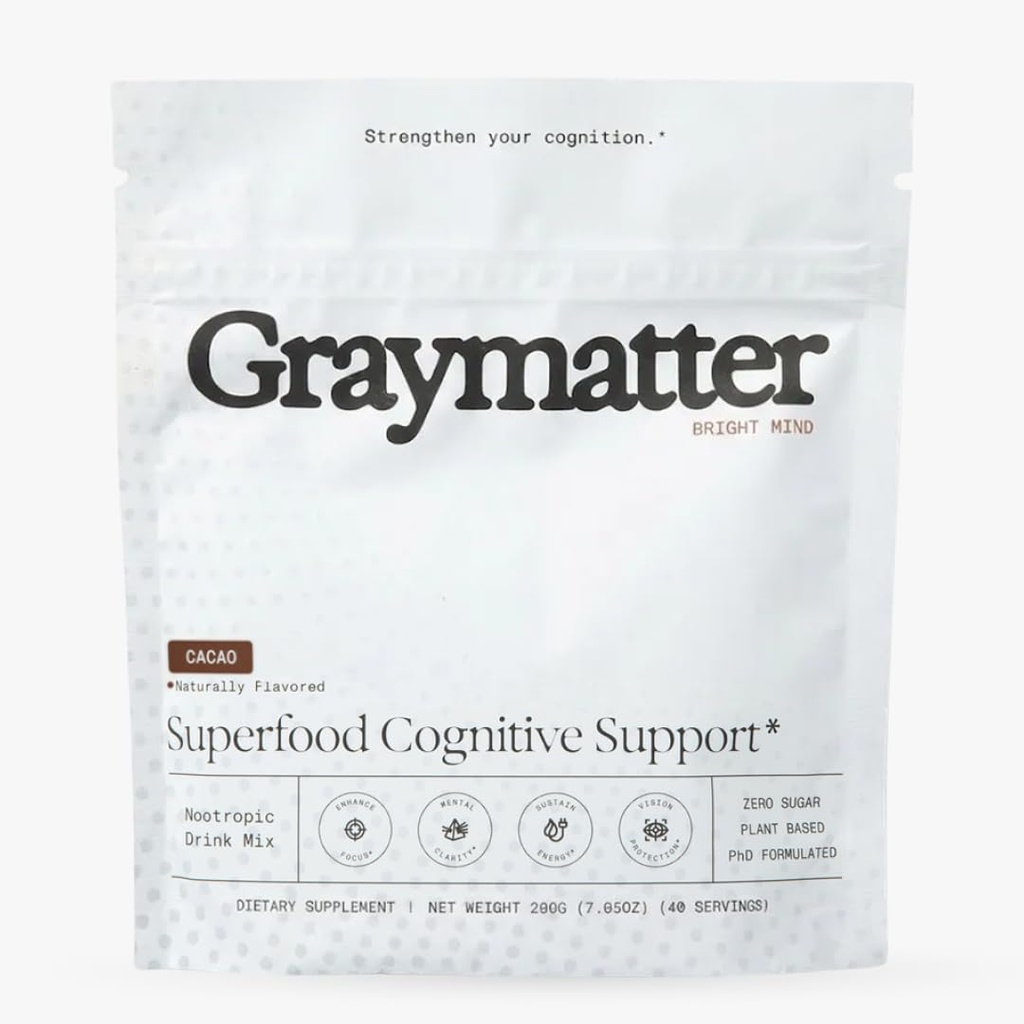 Graymatter Bright Mind Nootropic Powder (40 Servings: Cacao) – Plant-Based Energy & Focus Drink Mix, Adaptogens & Vitamins, Sugar-Free Daily Supplement