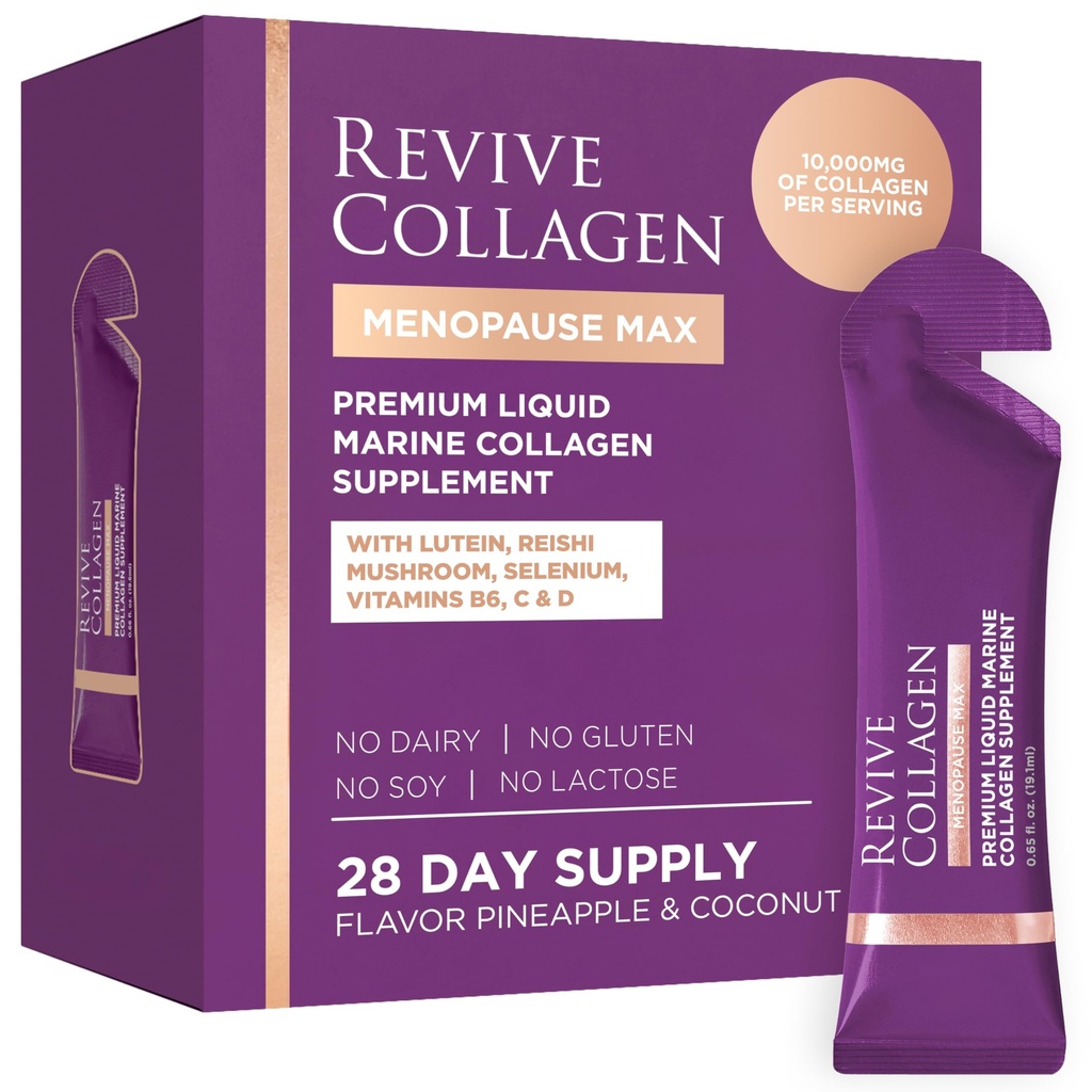 Revive Collagen Menopause Max — Hydrolyzed Marine Collagen Drink for Women, 10,000MG, Lutein, Reishi Mushroom, Vitamin B6, B12, C & D, for Skin & Eye Wellness, Pineapple & Coconut Flavour — 28 Packets