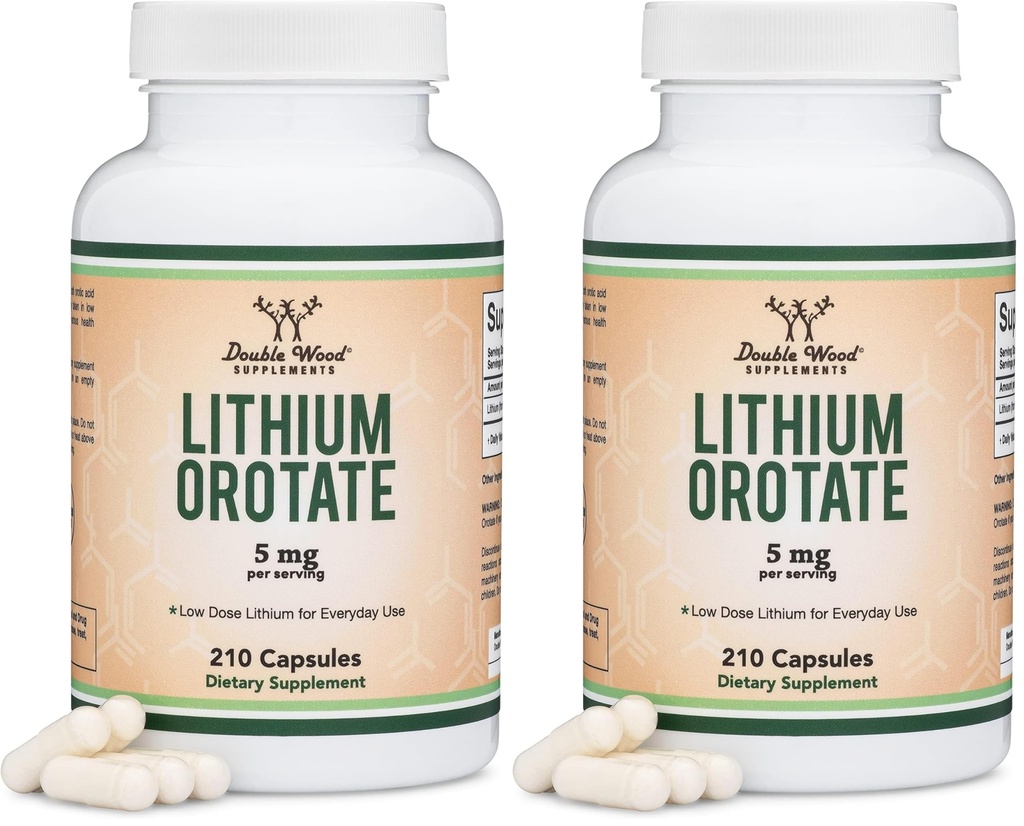 Lithium Orotate 5mg of Elemental Lithium for Cognition and Brain Health, 210 Capsules (Third Party Tested, Vegan Safe, Non-GMO) by Double Wood Supplements (Pack of 2)