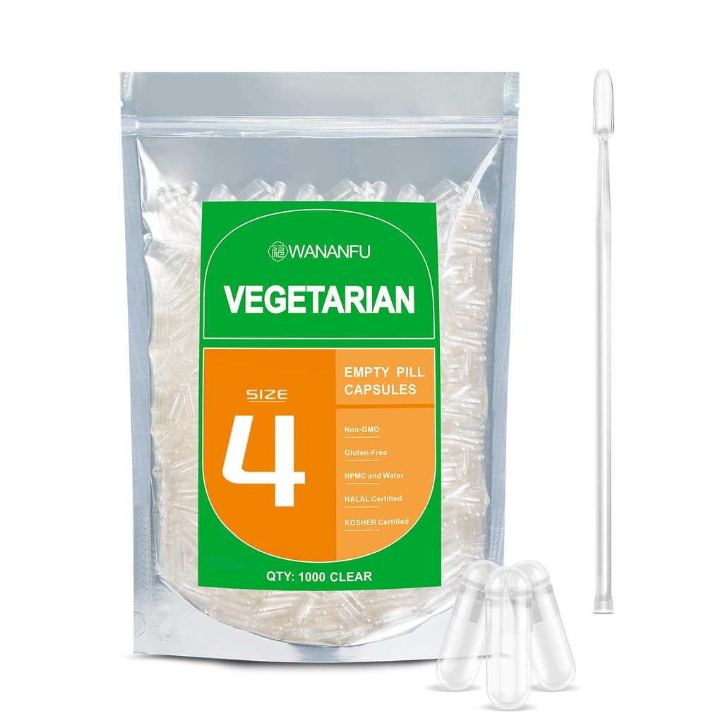 wananfu Maat 4 Lege Capsules Vegetarische (500 Telling) Bundel met 2 Micro Lab Lepels, Wissen Vulbare Veggie Pill Capsules Maat 4 voor het maken van uw eigen supplementen