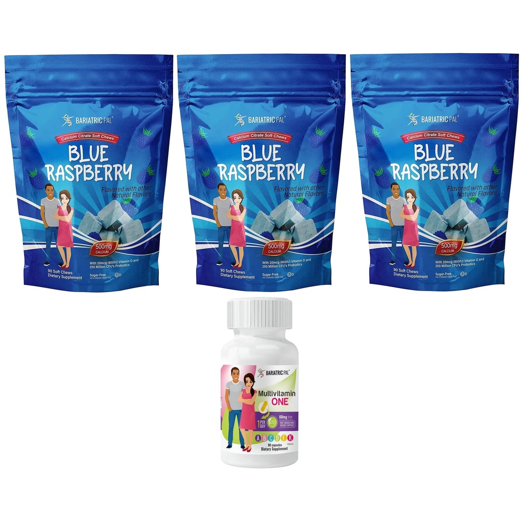 BariatricPal 90-Day Bariatric Vitamin Bundle (Multivitamin ONE 1 per Day! Capsule with 60mg Iron and Calcium Citrate Soft Chews 500mg with Probiotics - Blue Raspberry)