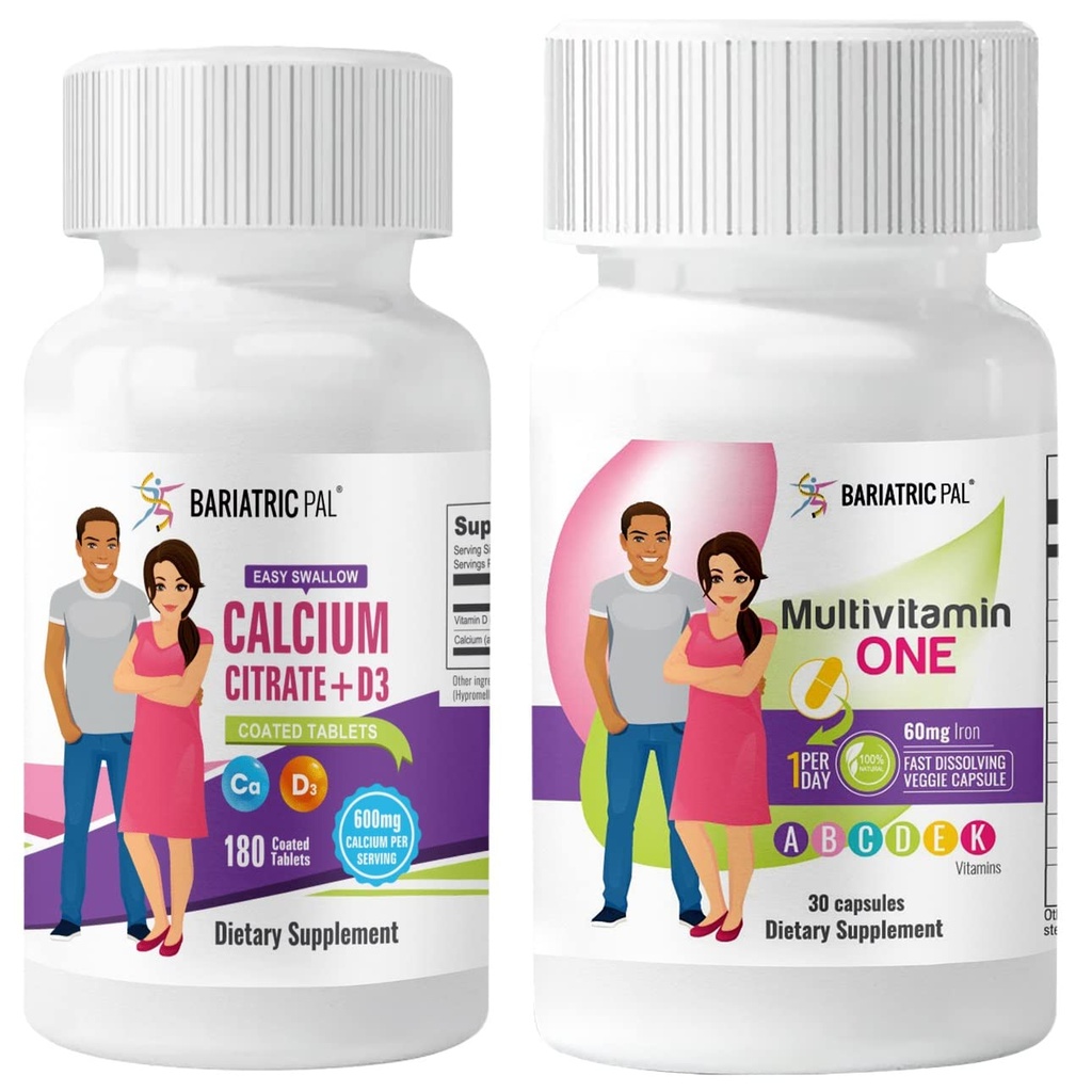 BariatricPal 30-Day Bariatric Vitamin Bundle Multivitamin ONE 1 per Day! Capsule with 60mg Iron Easy Swallow Calcium Citrate (600mg) and D3 Coated Tablets