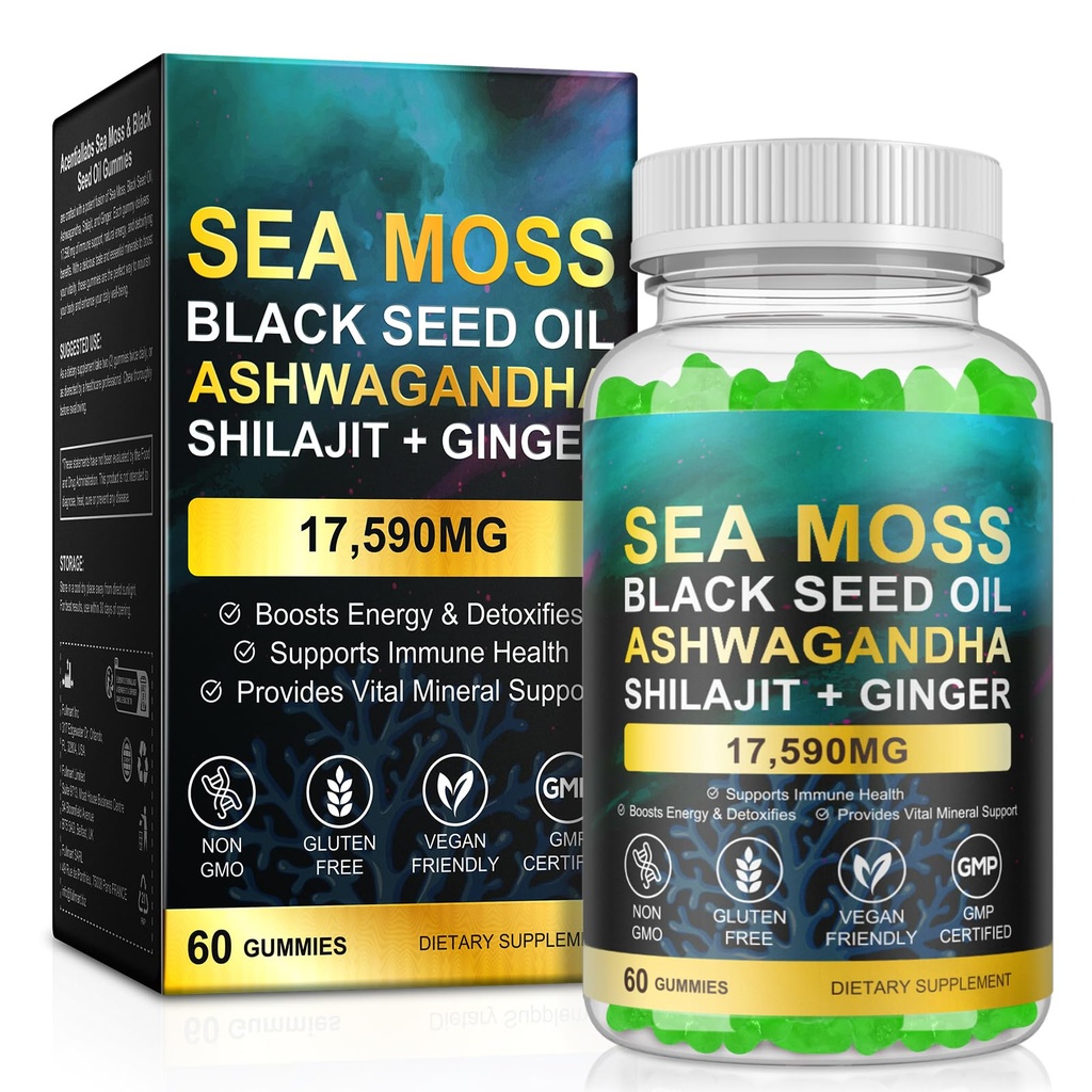 Sea Moss Gummies, SeaMoss Gummy with Black Seed Oil,Ashwagandha,Natural Ingredients Shilajit & Ginger for Men & Women, 60 Gummies