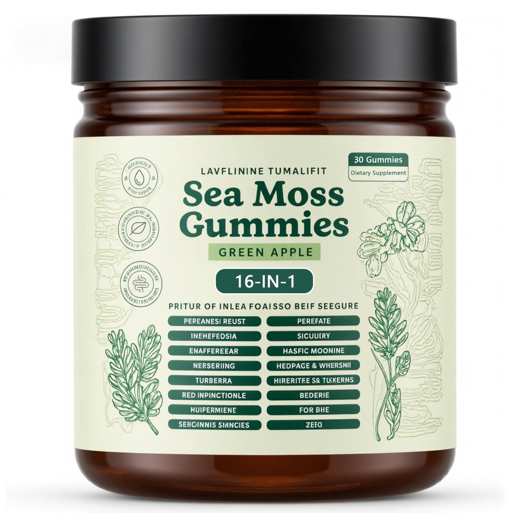 Sea Moss Gummies 16-in-1, Ashwagandha Black Seed Oil Bladder Wrack Turmeric Vitamin C, Apple Cider Vinegar, Non-GMO (Green Apple)
