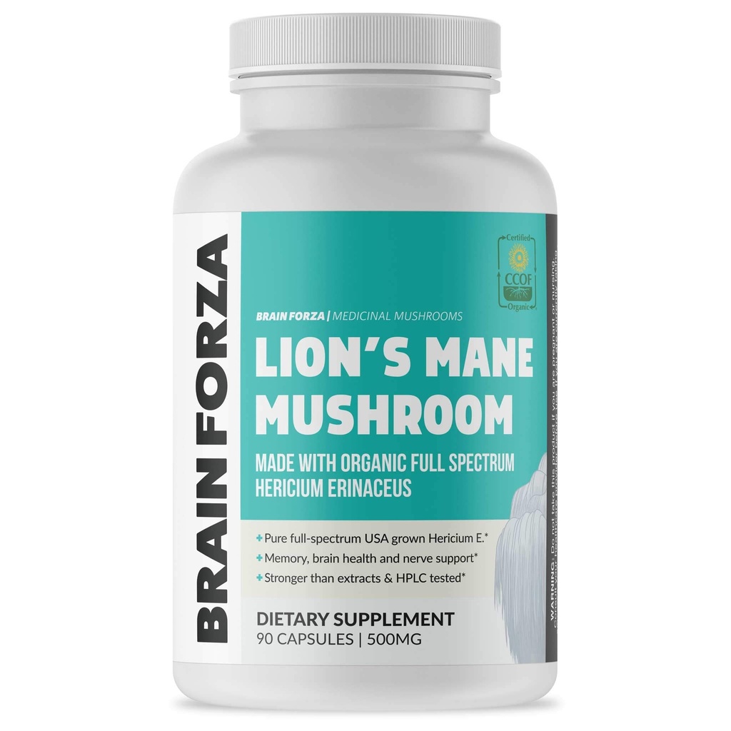 Brain Forza Organic Lion's Mane Mushroom Capsules, Natural Supplement for Memory Support, Focus, Clarity, Nerve Health, Non-GMO, Vegan, Organic, 90 Capsules