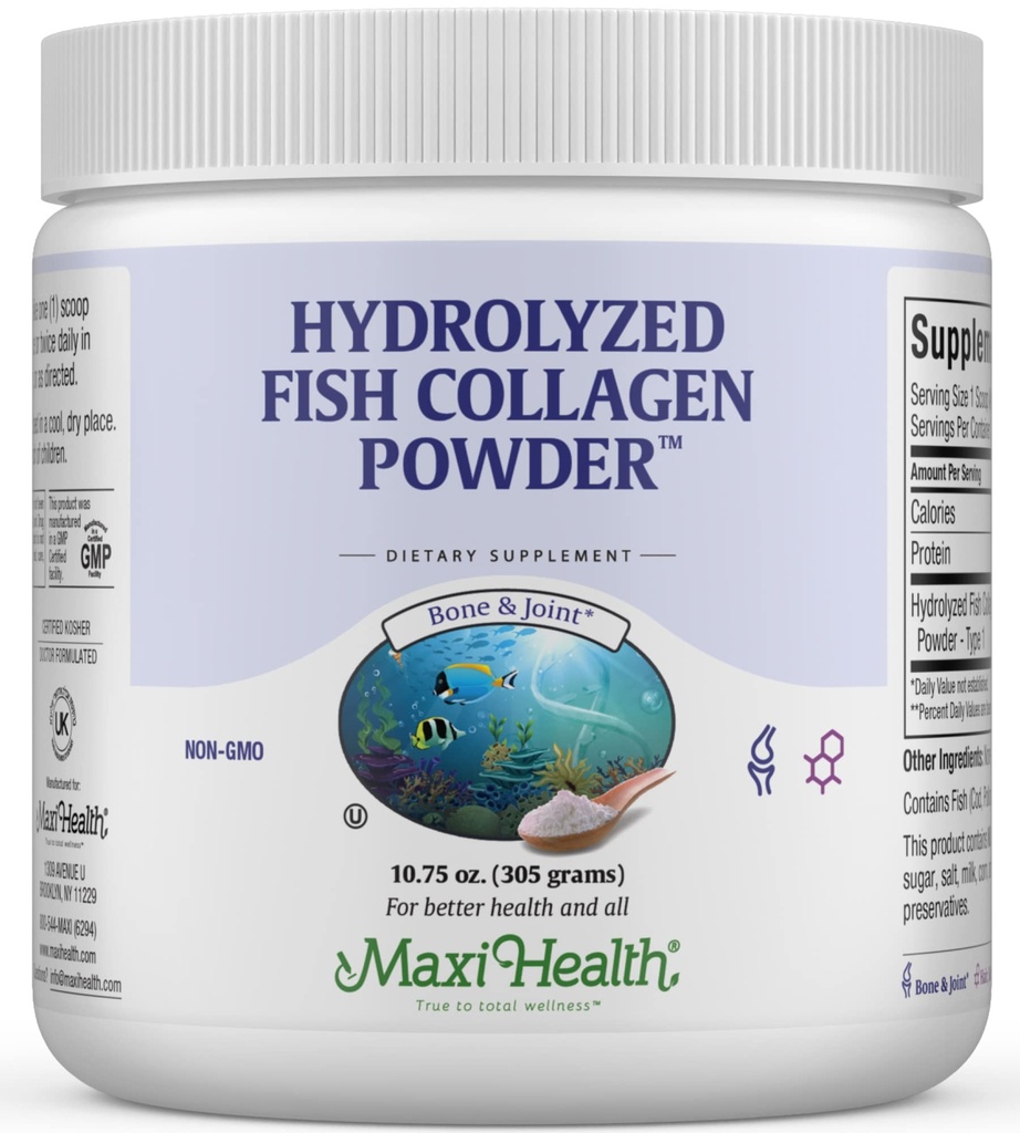 Maxi Health Collagen Peptides Powder – Type I Unflavored Marine Powder Collagen for Women & Men - Wild-Caught Protein Supplement for Joints, Skin, Hair & NailNails (10.75 oz)