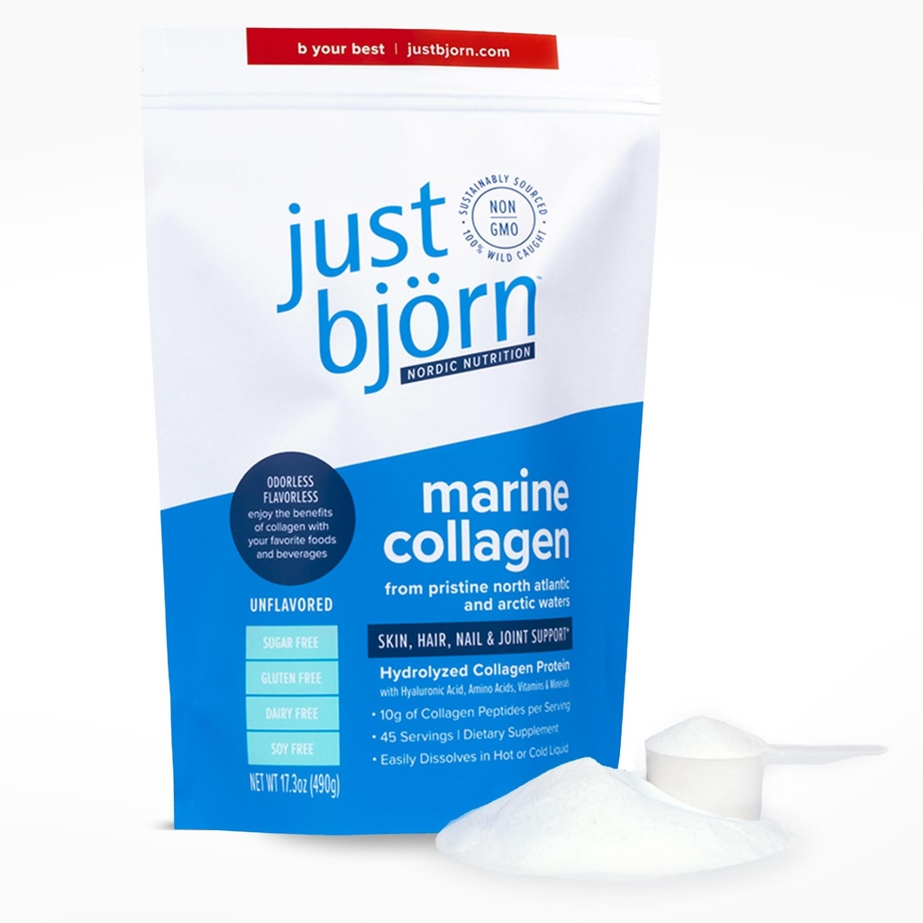 Hydrolyzed Marine Collagen Peptides Powder - Wild-Caught Nordic Cod, Type 1 - Skin, Hair, Nail & Joint Support - Hyaluronic Acid, Vitamin C - Pescatarian, Unflavored (45 Servings / 17.3 oz)