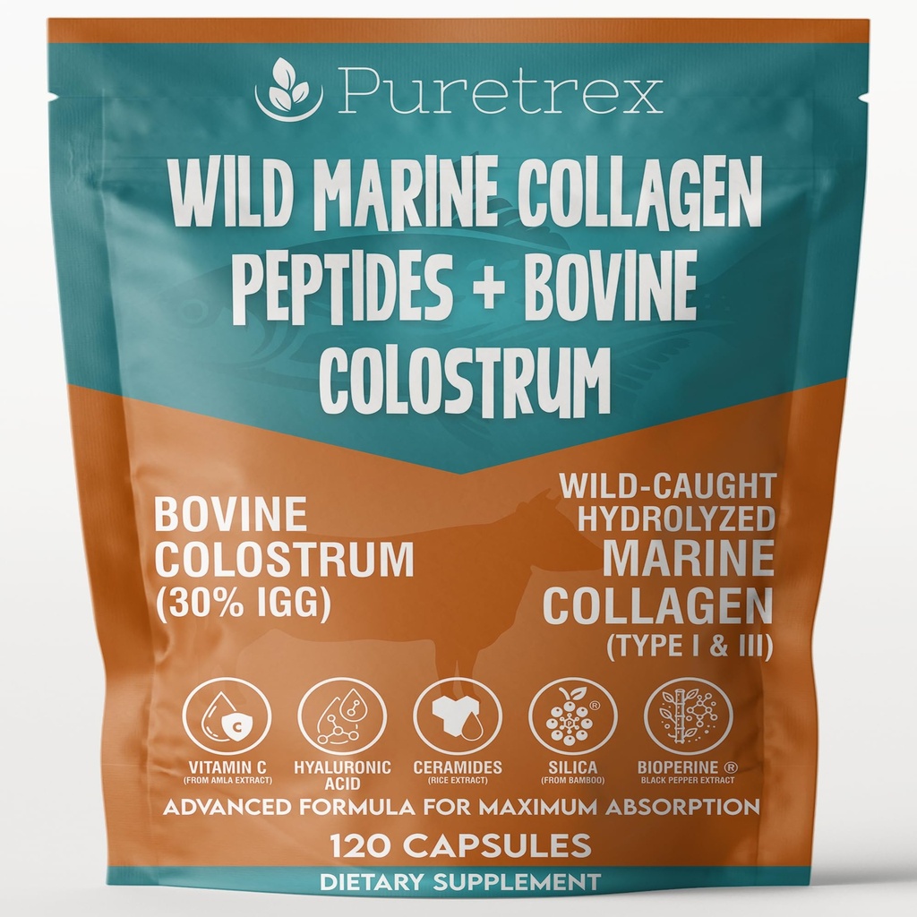 Wild Marine Collagen Peptides with Bovine Colostrum, 120 Capsules, Advanced Formula for Skin, Joints, Gut Health, Immunity Support, GMO-Free