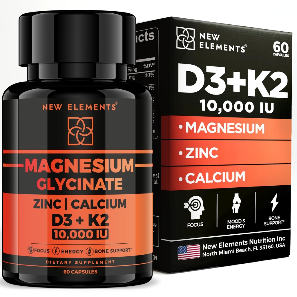 Magnesium Glycinate 1500mg with Vitamin D3 K2 + Zinc & Calcium | D3 10,000 IU | K2 200mcg | Calcium 50mg | Zinc 50mg | Bone, Muscle & Immune Support for Women & Men - Vegan - Non-GMO