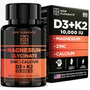 Magnesium Glycinate 1500mg with Vitamin D3 K2 + Zinc & Calcium | D3 10,000 IU | K2 200mcg | Calcium 50mg | Zinc 50mg | Bone, Muscle & Immune Support for Women & Men - Vegan - Non-GMO