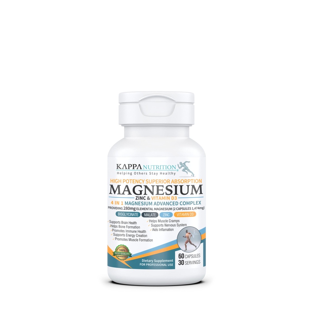 Kappa Nutrition Magnesium 4-in-1, 280mg Elemental Magnesium (Bisglycinate, Malate) + Zinc & Vitamin D3, Brain, Sleep, Energy, Muscle, Immune Support, 60 Vegan Capsules.