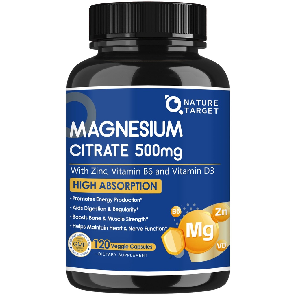 NATURE TARGET Magnesium Citrate 500mg with Zinc & Vitamin D for Muscle, Nerve, Bone & Heart Health, High Absorption Magnesium Supplement, Easy to Swallow Magnesium Capsule for Women & Men, 120 VegCaps
