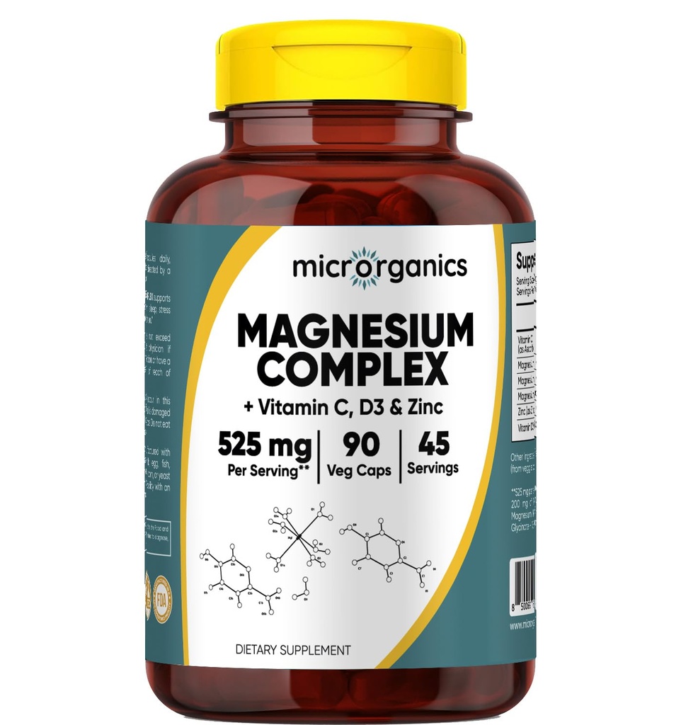 Magnesium Complex (Citrate, Malate & Glycinate) with Vitamin C, D3 & Zinc – 525 mg per Serving – Supports Energy, Muscle & Bone Health – 90 Vegan Capsules, 45 Servings