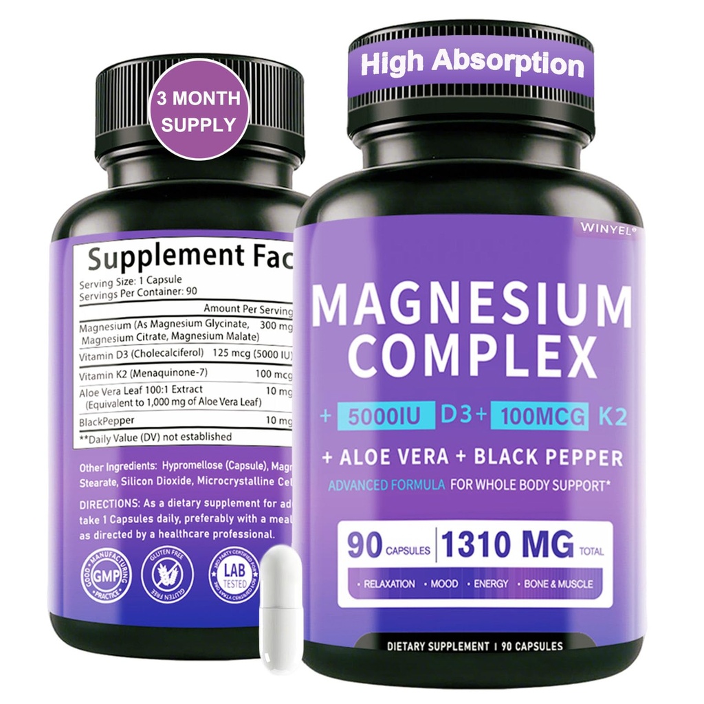 Magnesium Complex Supplement 1310mg - Chelated Magnesium Glycinate, Malate, & Citrate with Aloe Vera, Vitamin D3 & K2, Black Pepper - Stress Relief, Sleep, Nerve, Heart, Bone & Muscle* - 90 Capsules