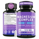 Magnesium Complex Supplement 1310mg - Chelated Magnesium Glycinate, Malate, & Citrate with Aloe Vera, Vitamin D3 & K2, Black Pepper - Stress Relief, Sleep, Nerve, Heart, Bone & Muscle* - 90 Capsules