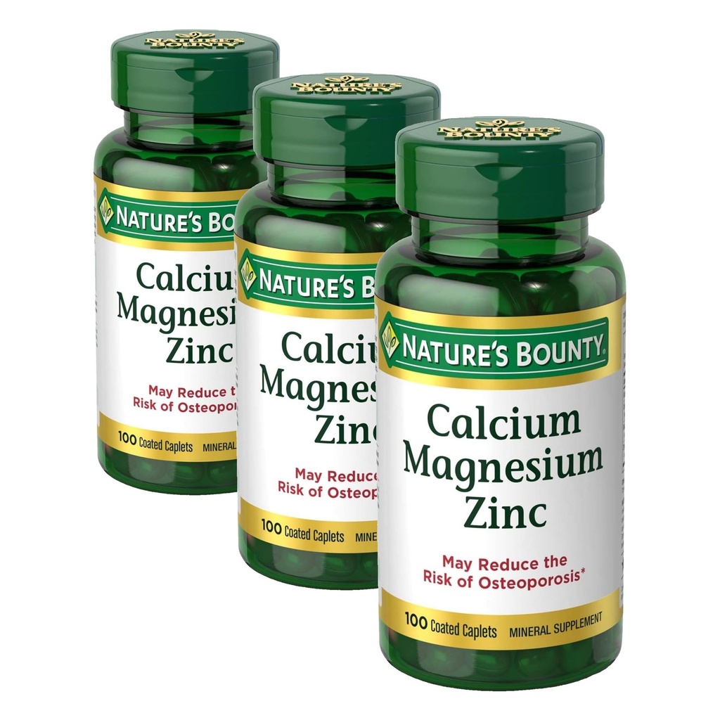 Nature's Bounty Calcium Magnesium & Zinc Caplets, Immune & Bone Health, Daily Supplement, 1000mg Calcium, 400mg Magnesium, 600 IU Vitamin D, Gluten Free, 100 Caplets (Pack of 3)