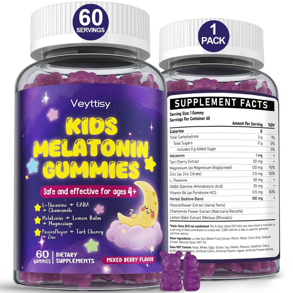 Kids Melatonin Gummy Supplements 1mg - Non-Habit Forming Melatonin Gummies Kids with Chamomile, Lemon Balm, L-Theanine, Magnesium, Zinc for Children Ages 4+ - Non-GMO, Gluten Free, Mixed Berry Flavor