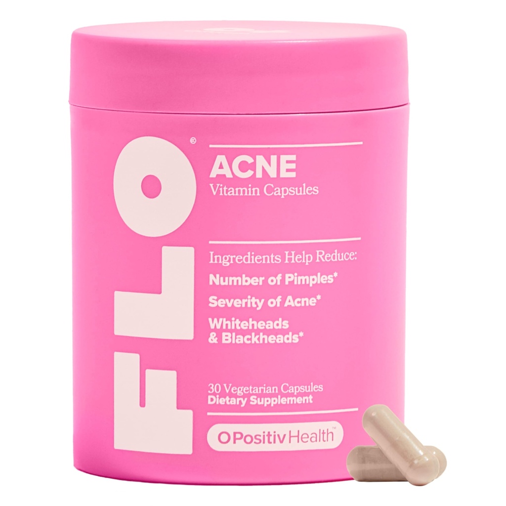 O Positiv FLO Acne Capsules – Reduce Number and Severity of Pimples, Whiteheads, Blackheads, and Pustules on Face, Back, and Body – Colostrum-Derived Lactoferrin, Zinc and Vitamin E – 30 Servings
