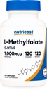 Nutricost Methylfolate 1000mcg, 120 Vegetarian Capsules, Gluten Free