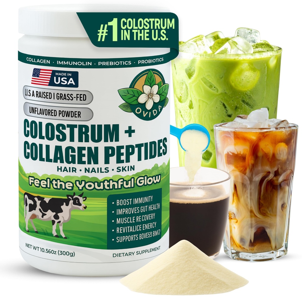 Bovine Colostrum and Hydrolyzed Collagen Peptides Powder Supplement for Women & Men - Supports Gut Health, Joint & Bone Health, Hair Skin Nails - Grass-Fed, Non-GMO, Gluten Free, 300g (30 Servings)