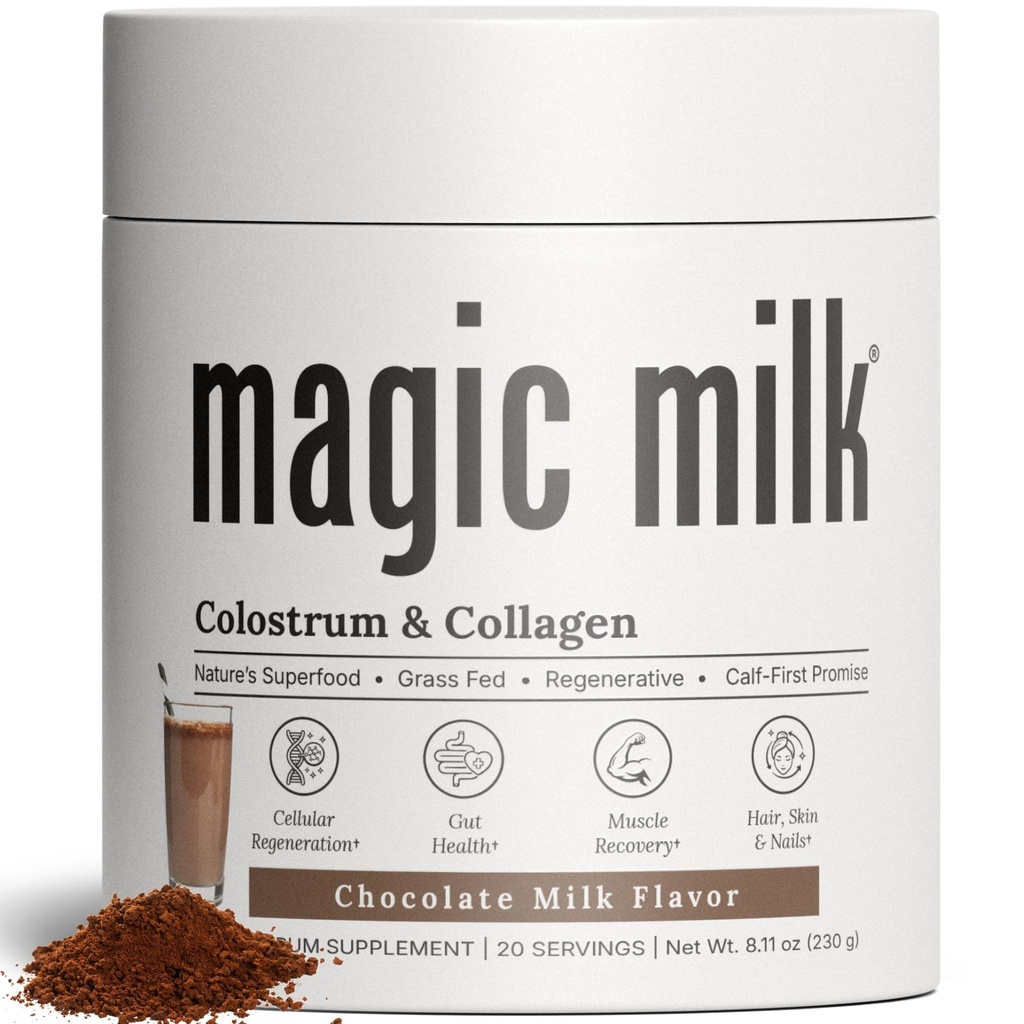 Magic Milk | Grass- Fed Colostrum | Chocolate Milk Flavor | Supports Immunity & Muscle Recovery | Gut Health Superfood | Nutrients for Skin & Hair Health | Bovine Colostrum & Collagen | | 20 Servings