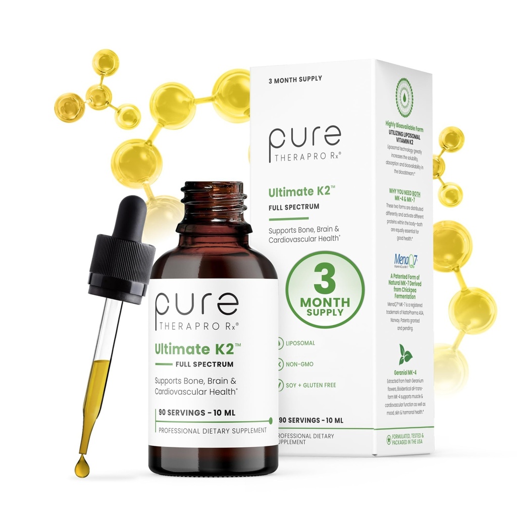 Pure Therapro Rx Ultimate K2 Supplement | Liquid Liposomal Vitamin K2 Drops | 90 Servings | 600mcg Vegan K2 as MK4 & MenaQ7 MK7 | Supports Bone Health, Heart Health, Skin & Hair | 10 mL