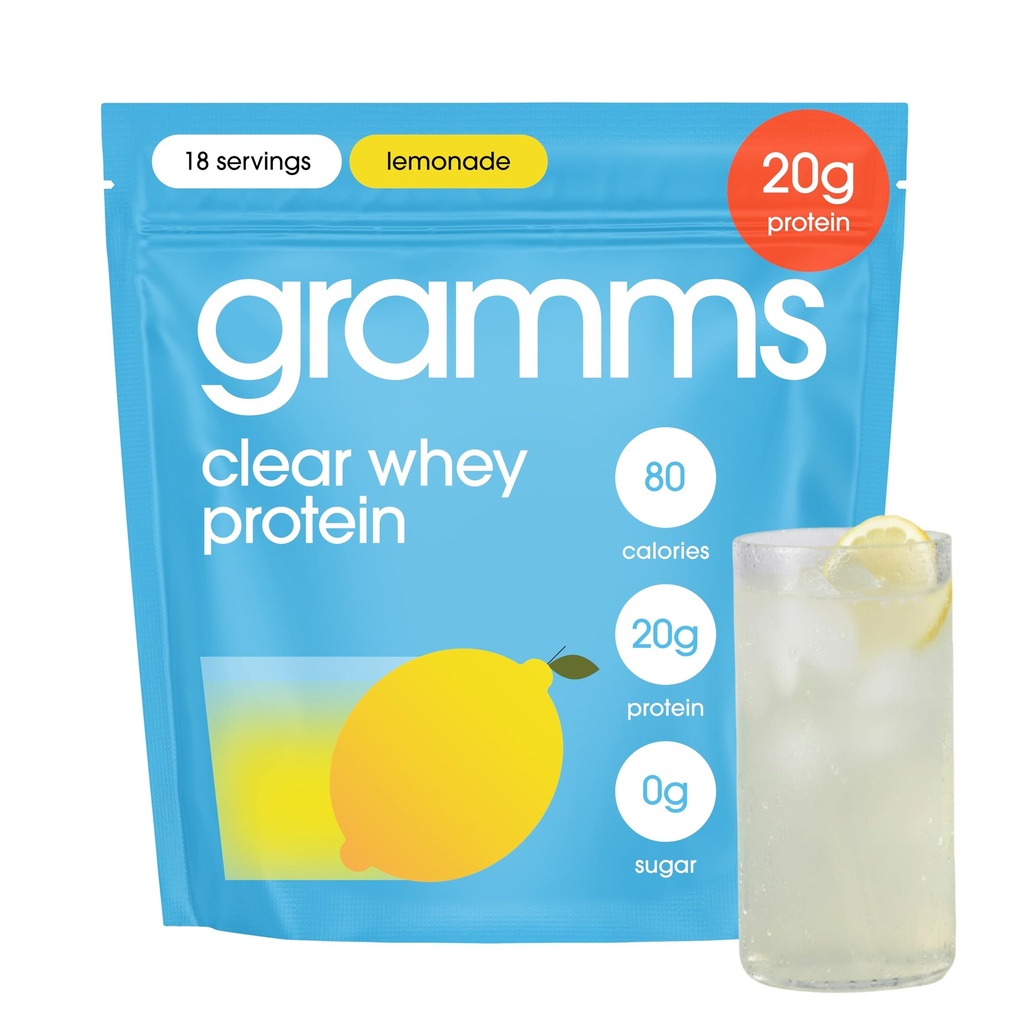 GRAMMS Clear Protein Powder 20G Protein for Women & Men | Lactose Free, Grass-Fed Whey Isolate, Gluten Free, Zero Sugar, Gut Friendly, Non-Bloating (Lemonade-18 Servings)