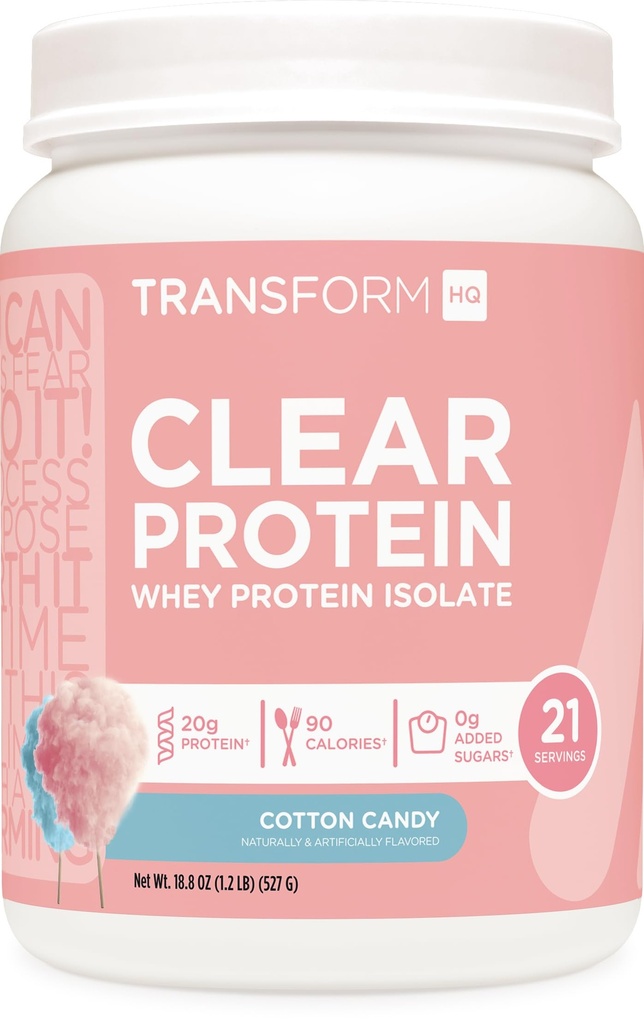 TransformHQ Clear Protein Powder (Cotton Candy) 21 Servings - Whey Protein Isolate, 20g of Protein, 90 Calories, 0g Added Sugars