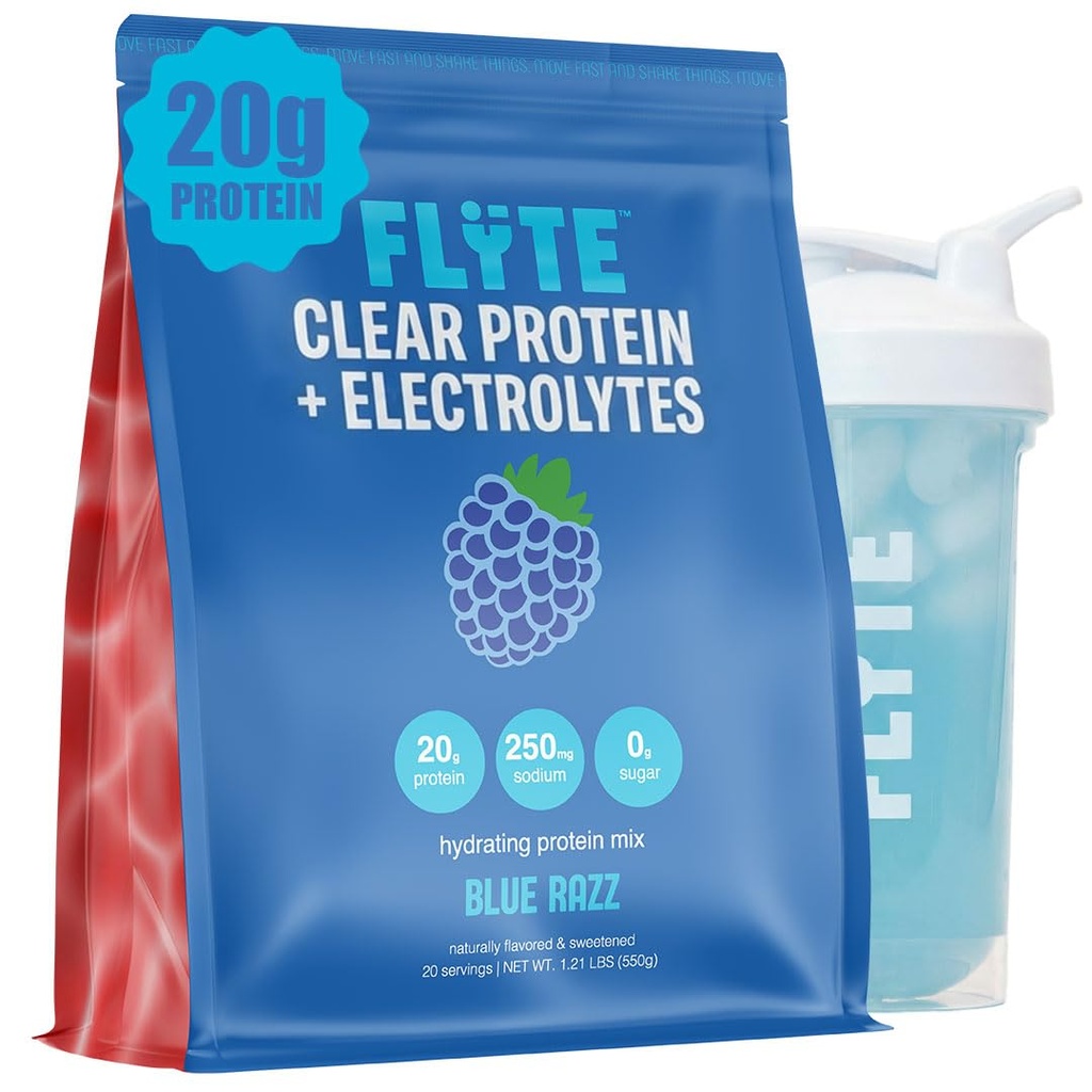 FLYTE Clear Whey Protein Isolate Powder – Clear Protein Water, 20g Protein, 419mg Electrolytes, Hydration & Recovery, Zero Sugar, Grass-Fed Whey, Blue Raspberry, 20 Servings