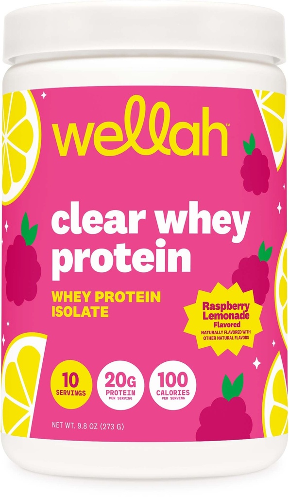 Wellah Clear Whey Protein Isolate Powder (Raspberry Lemonade) 10 Servings - 20g of Protein, 100 Calories, Sweetened with Stevia
