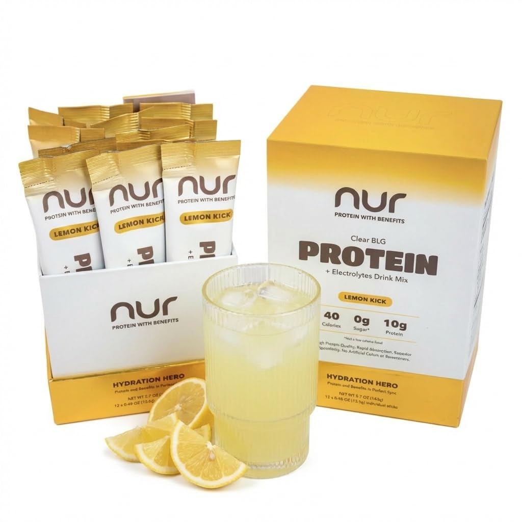 NUR Clear Whey Protein + Electrolytes Drink Mix, Fermented BLG, Single-Serve Sticks, Lemon Kick, 12-Pack – Lactose-Free, Keto-Friendly, Zero Sugar, No Artificial Sweeteners, Daily Hydration