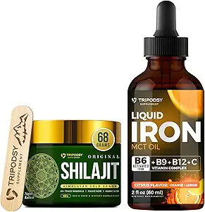 Liquid Iron Supplement with Vitamins B6, B9, B12, C, Folaat & MCT Oil (2 Fl Oz, Citrus) + Pure Himalaya Shilajit Resin 600mg for Immune Support & Energy (68g)