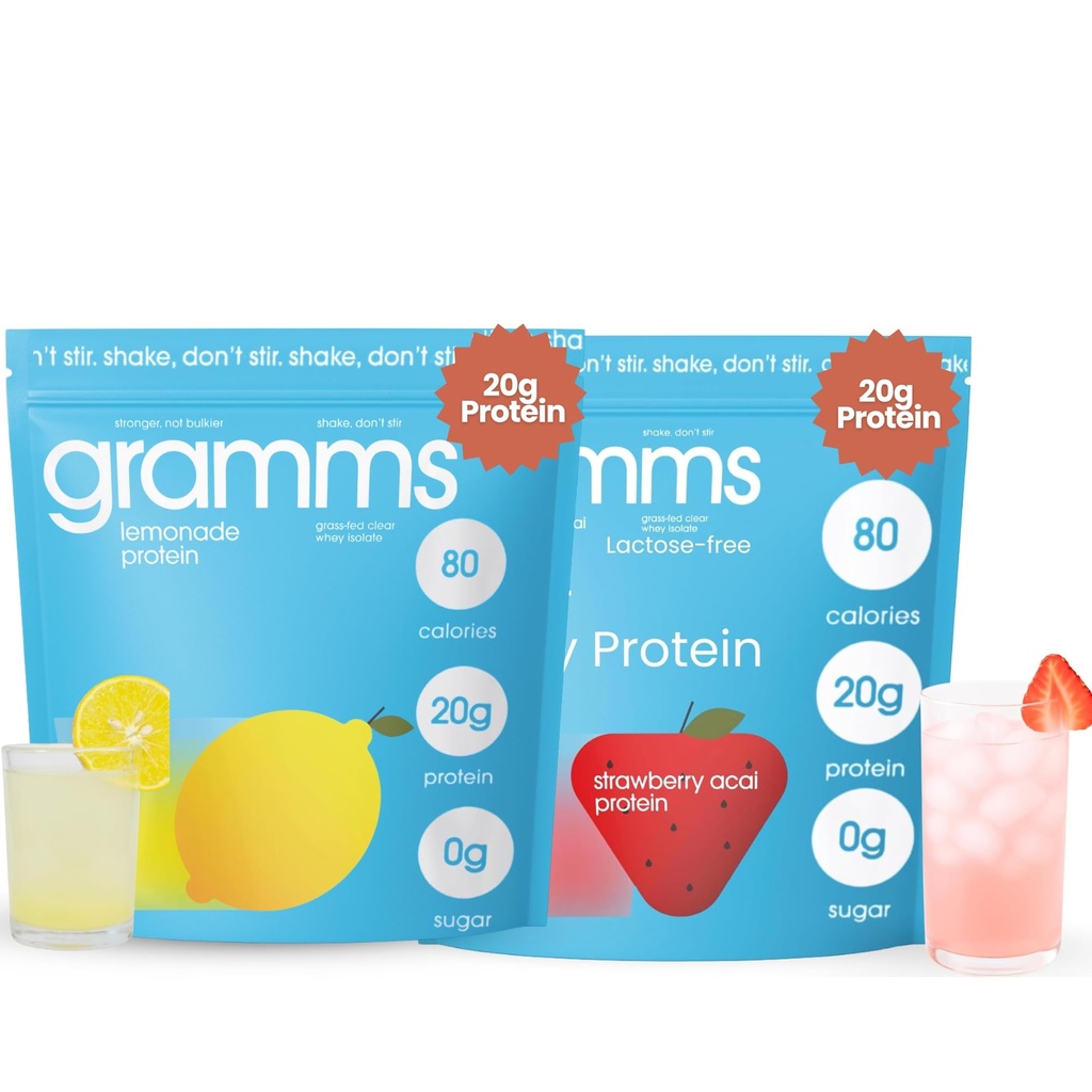GRAMMS Clear Protein Powder 20G Protein for Women & Men | Grass-Fed Whey Isolate, Zero Sugar, Zero Lactose, Non-Bloating, Non-GMO (36 Servings - Strawberry Acai & Lemonade)