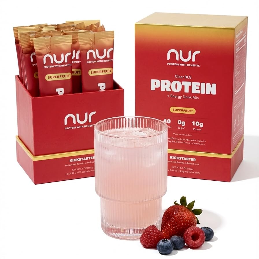 NUR Clear Whey Protein + Energy Drink Mix, Fermented BLG, Single-Serve Sticks, Superfruit, 12-Pack – Lactose-Free, Keto-Friendly, Zero Sugar, No Artificial Sweeteners