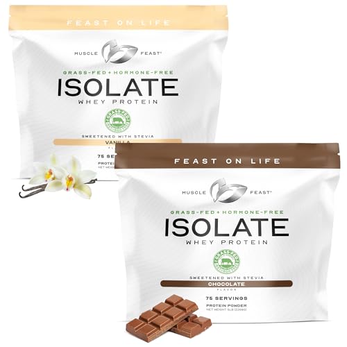 Muscle Feast Grass-Fed Whey Protein Isolate - Vanilla 5lb (x1) and Chocolate 5lb (x1) - All Natural Hormone Free Pasture Raised, Whey Isolate Protein Powder for Men and Women, Clean, Gluten-Free
