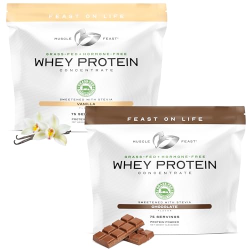Muscle Feast Grass-Fed Whey Protein Concentrate Bundle – Vanilla & Chocolate, 5lb Each (10lb Total) – All Natural, Hormone-Free, Pasture Raised, High Protein Powder for Muscle Recovery & Growth