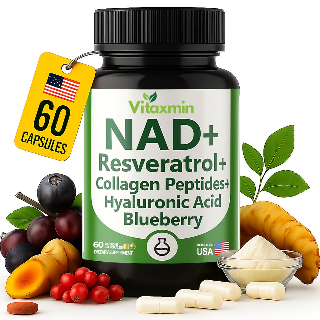 NAD Resveratrol Supplement 200mg with Berberine NAC Collagen - Nicotinamide Riboside NMN NADH CoQ10 Biotin Hyaluronic Acid - Hair Skin Nails Supplement - 60 Capsules