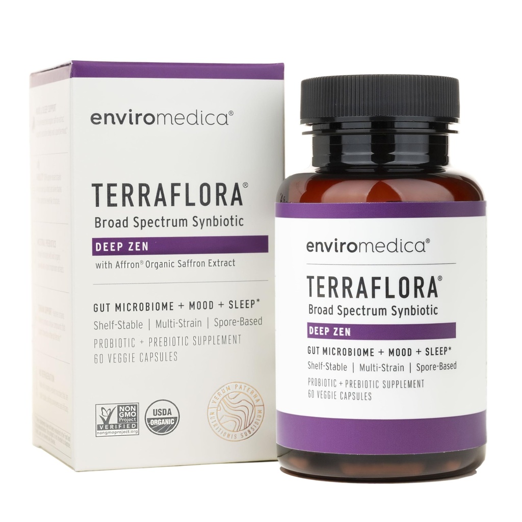 Enviromedica Terraflora Deep Zen Synbiotic - Spore Based Probiotics and Prebiotics for Gut Health & Mood Support, Organic Soil Based Probiotic Supplement for Men and Women 60 Capsules