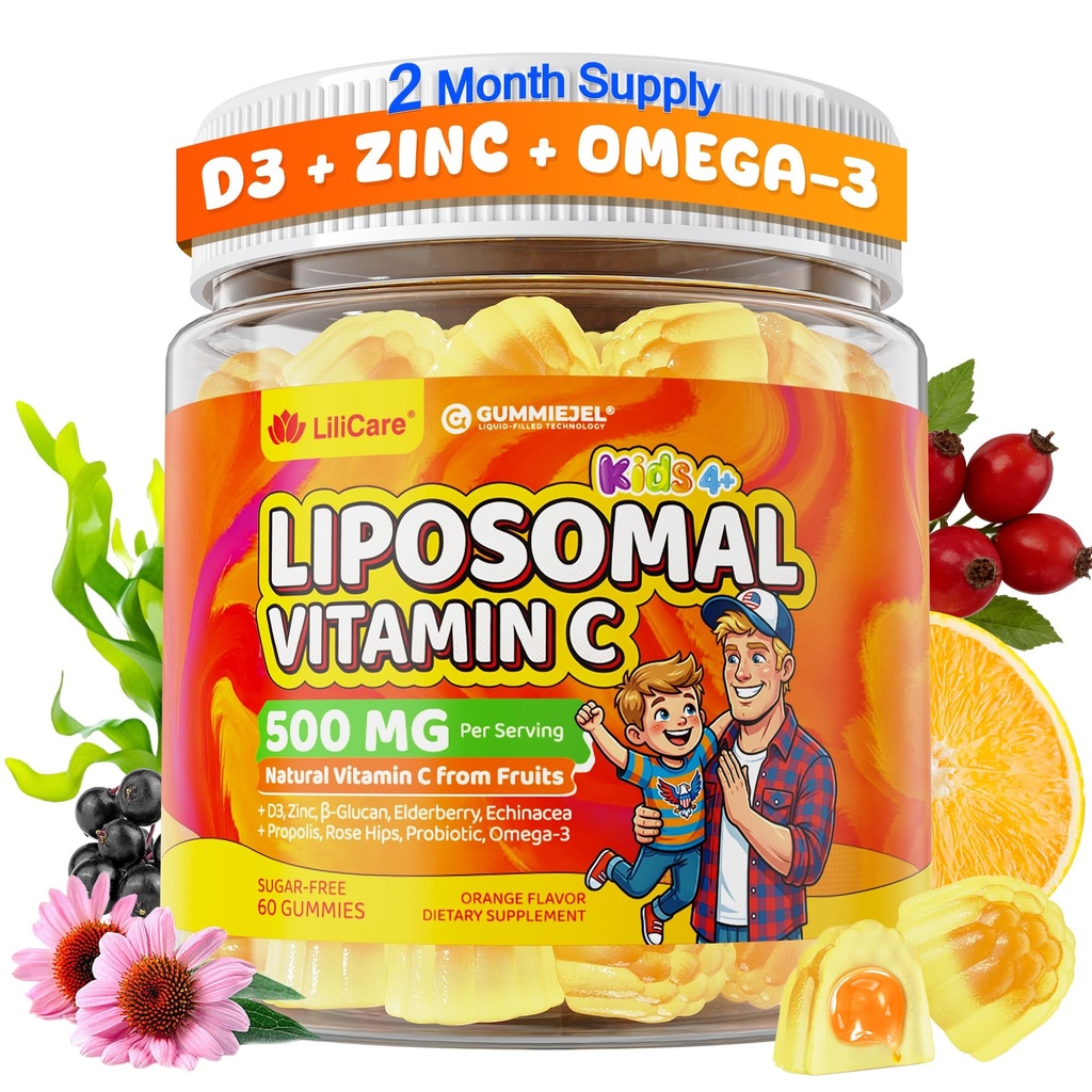 Liposomal Vitamin C 500mg Gummies for Kids 4+ & Adults, with Omega-3, Elderberry, Echinacea, Propolis, Zinc, D3, Kids Immune Support, Antioxidant, Growth & Development, Chew Natural Vit C, Sugar Free