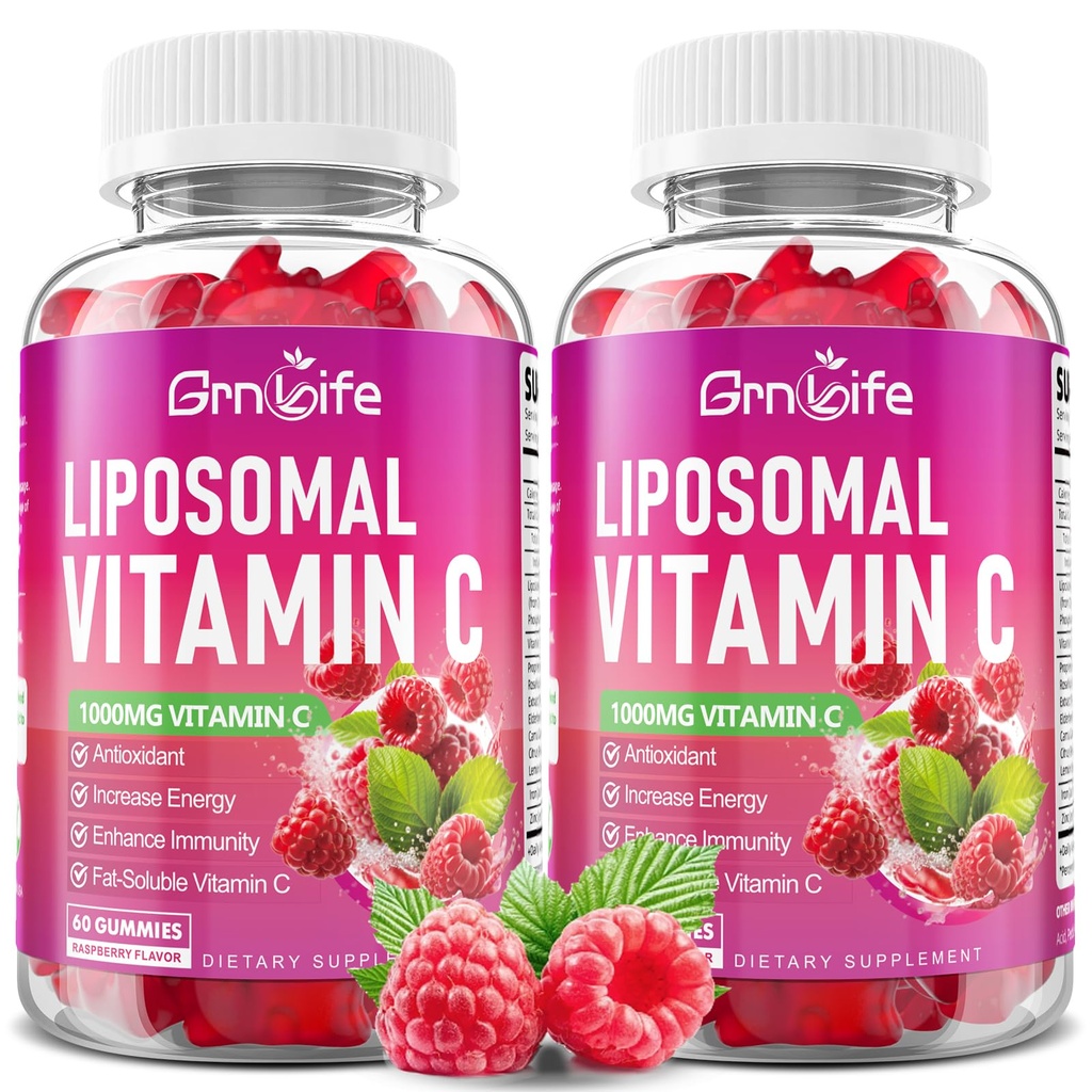 2 Pack Liposomal Vitamin C 1000mg Gummies for Adults Kids, 1500mg Chewable Vitamin C w/Iron, Zinc & Elderberry - Immune Support & Energy, Collagen Booster, Raspberry, 120 Count