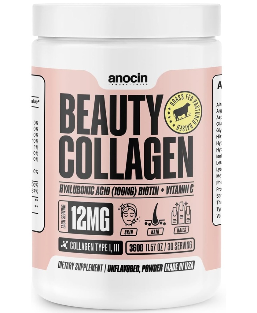 anocin Beauty Collagen Peptides Powder – Hydrolyzed Type I & III, Grass-Fed, Unflavored – Supports Skin, Hair & Nails with Hyaluronic Acid + Vitamin C – Dissolves Easily – 20 g Collagen per Serving