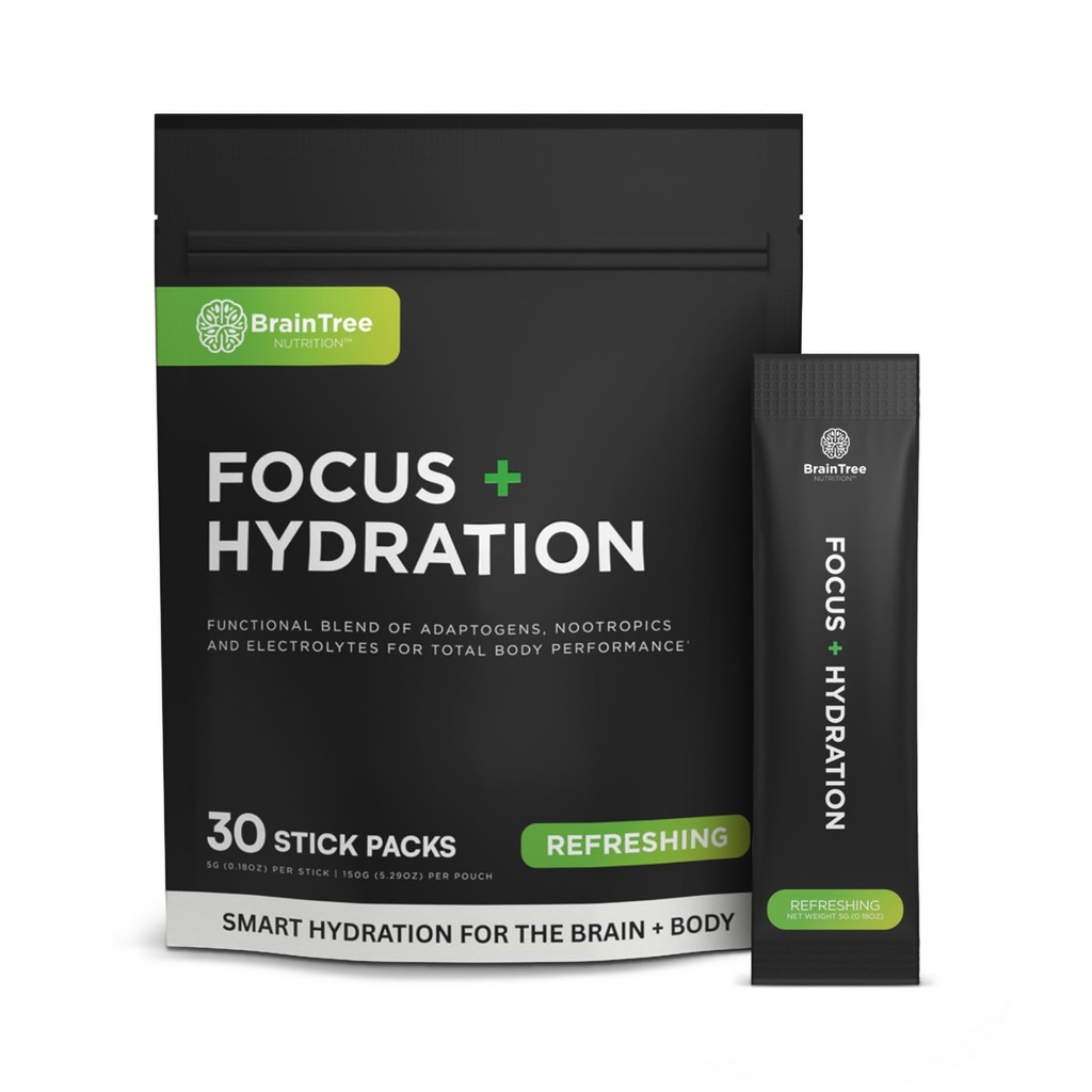BrainTree Nutrition - Focus + Hydration - Electrolyte Drink Mix - Total Body Hydration - Supports Cognitive Function, Energy & Muscle Recovery - Sugar Free - Refreshing - 30 Stick Packs