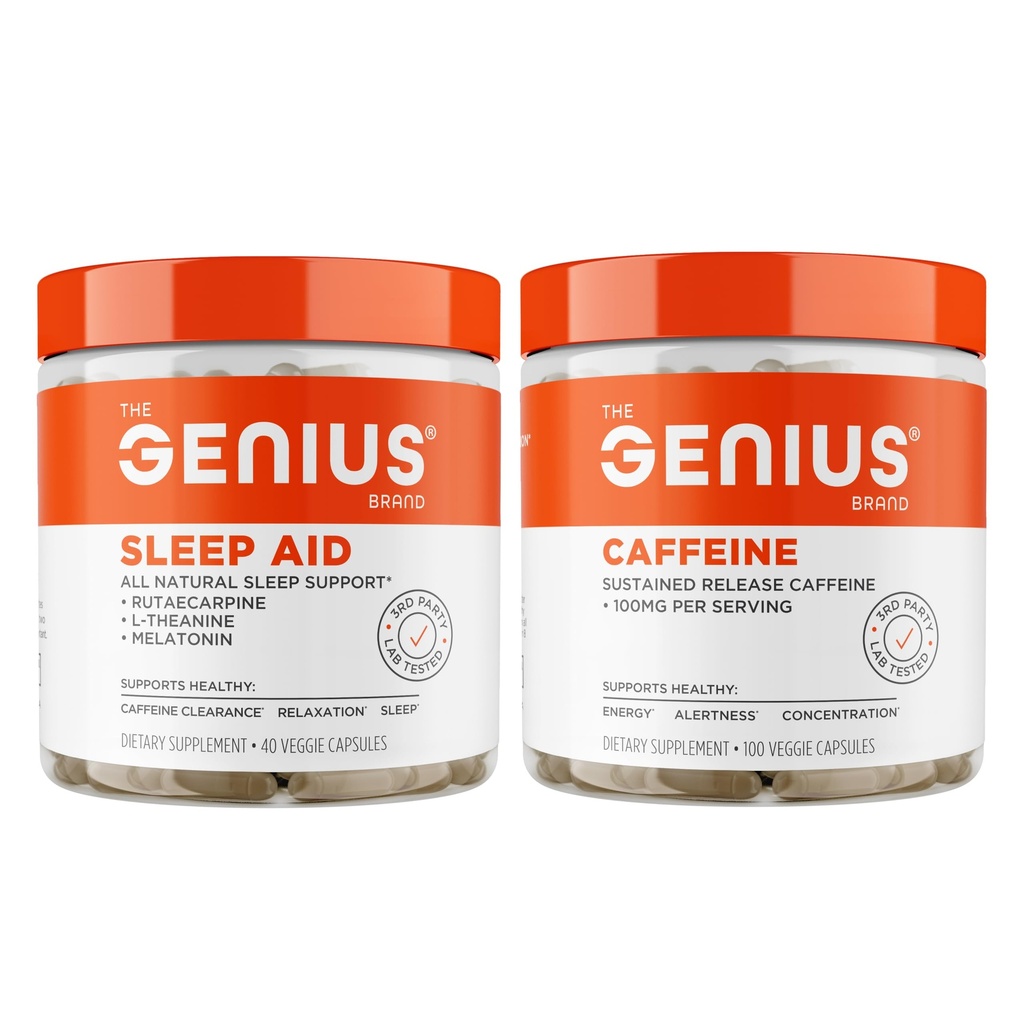 Genius Sleep AID - Smart Sleeping Pills Supplement + Genius Caffeine Pills (Day and Night Bundle)