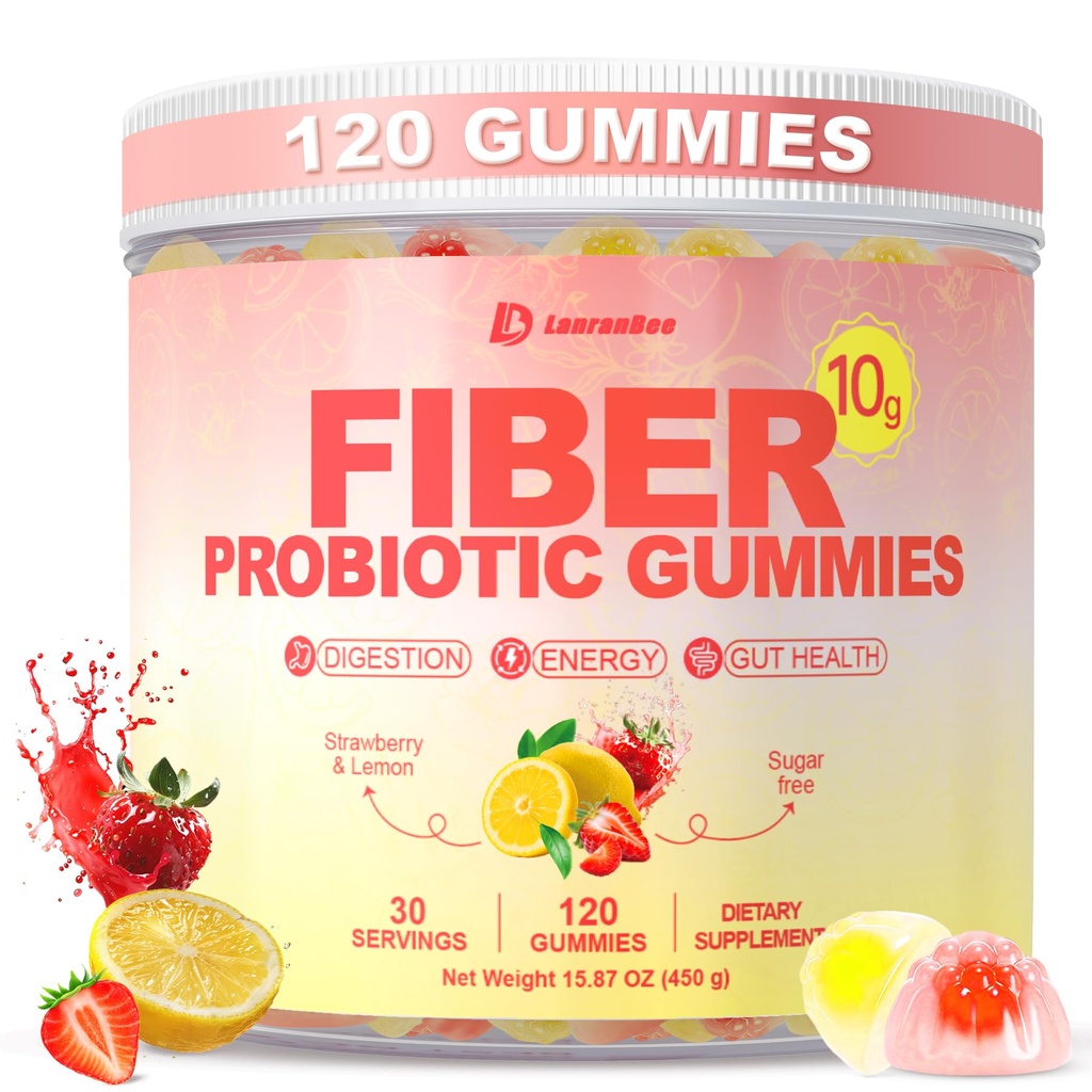 10g Fiber Gummies for Adults with Probiotics, Sugar Free Fiber Supplement with Organic Super Greens & Digestive Enzymes, Supports Gut Health, Energy & Regularity, Vegan, 120 Count