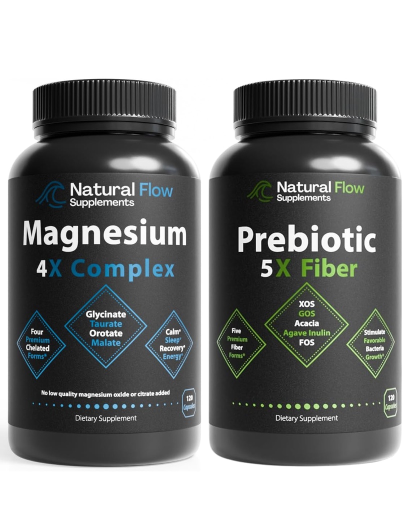 Natural Flow 4X Magnesium Complex & Prebiotic Fiber Supplement 5-in-1 Capsules Bundle